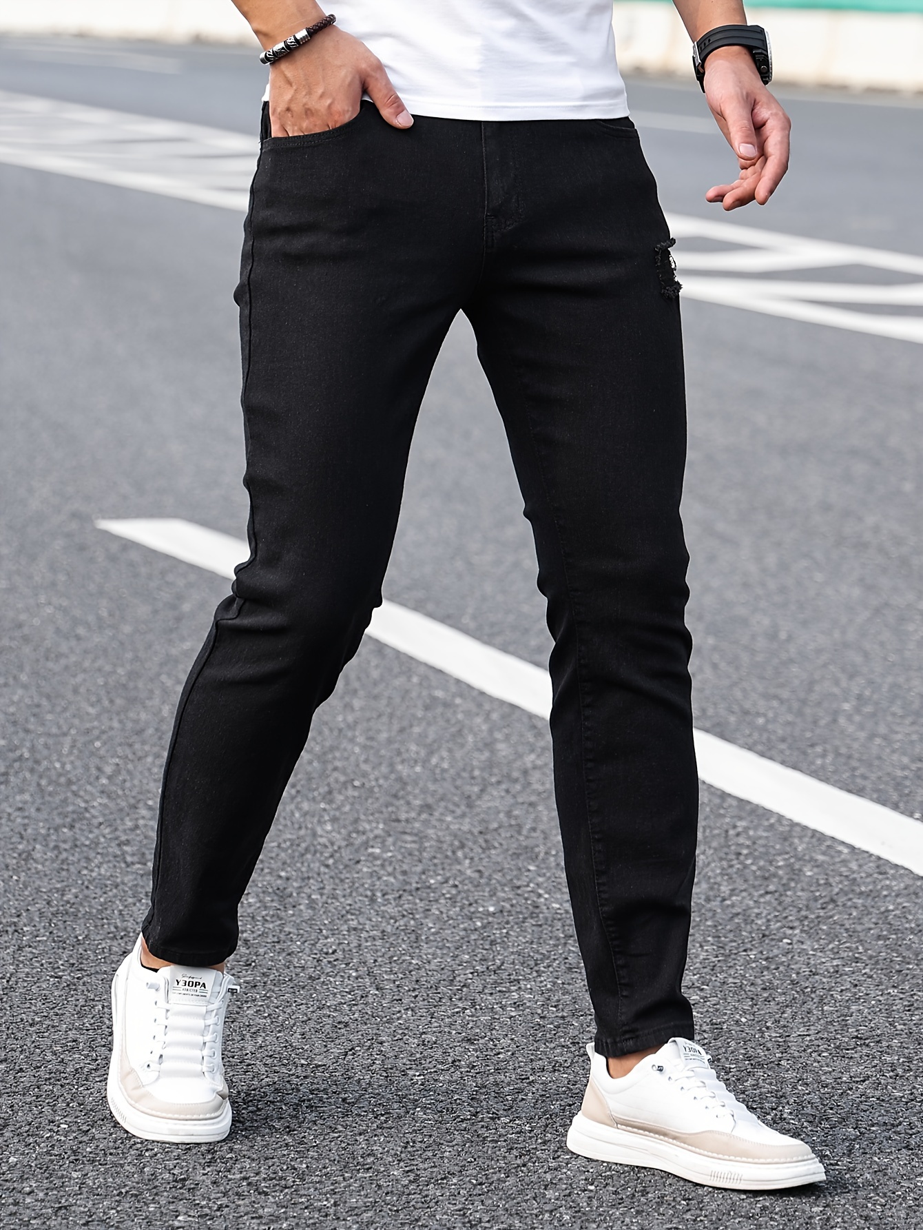mens casual light blue ripped denim jeans details 0