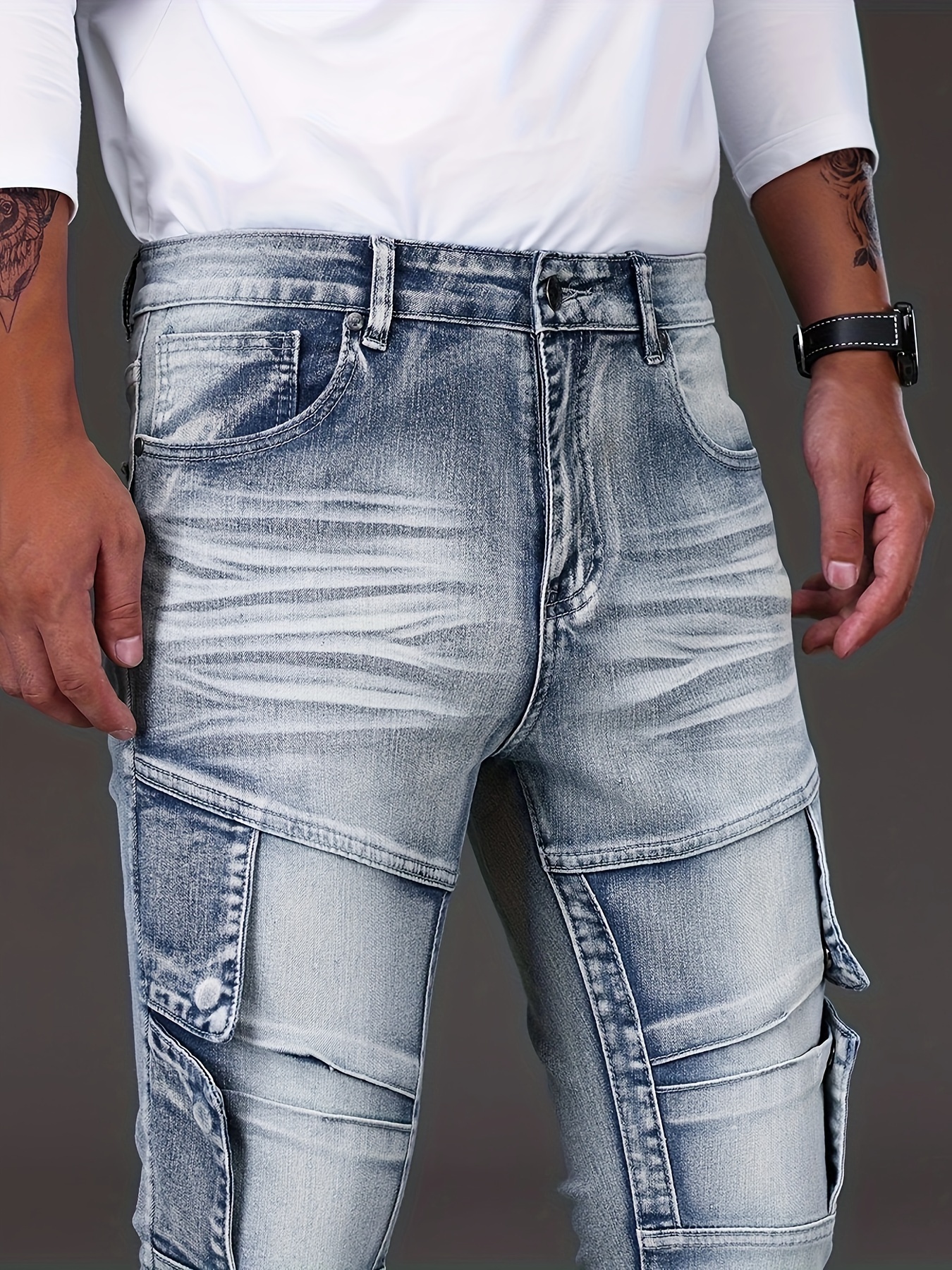 slim fit biker jeans mens casual street style distressed medium stretch denim pants details 4