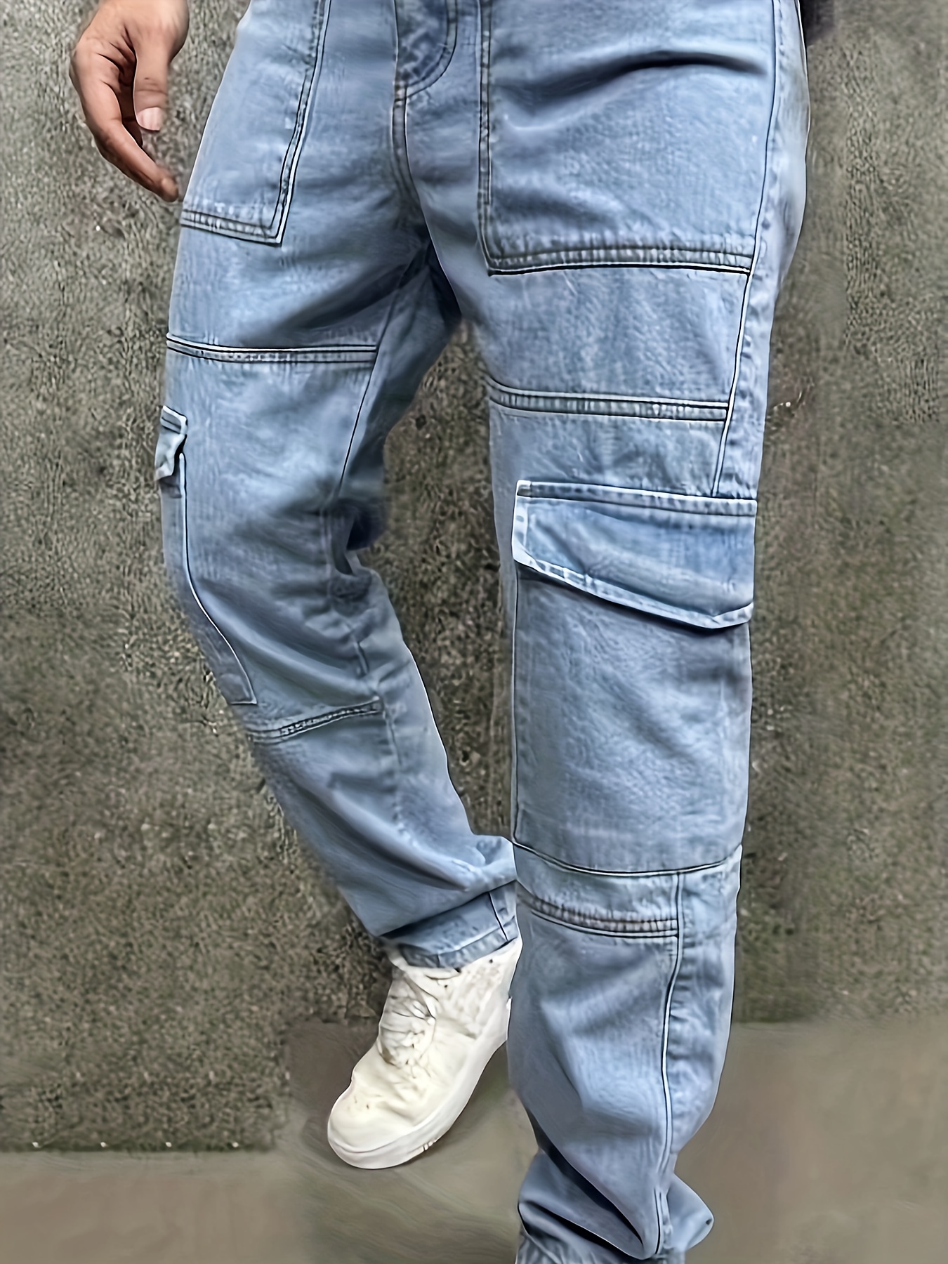 mens casual multi pocket jeans chic street style regular jeans details 3