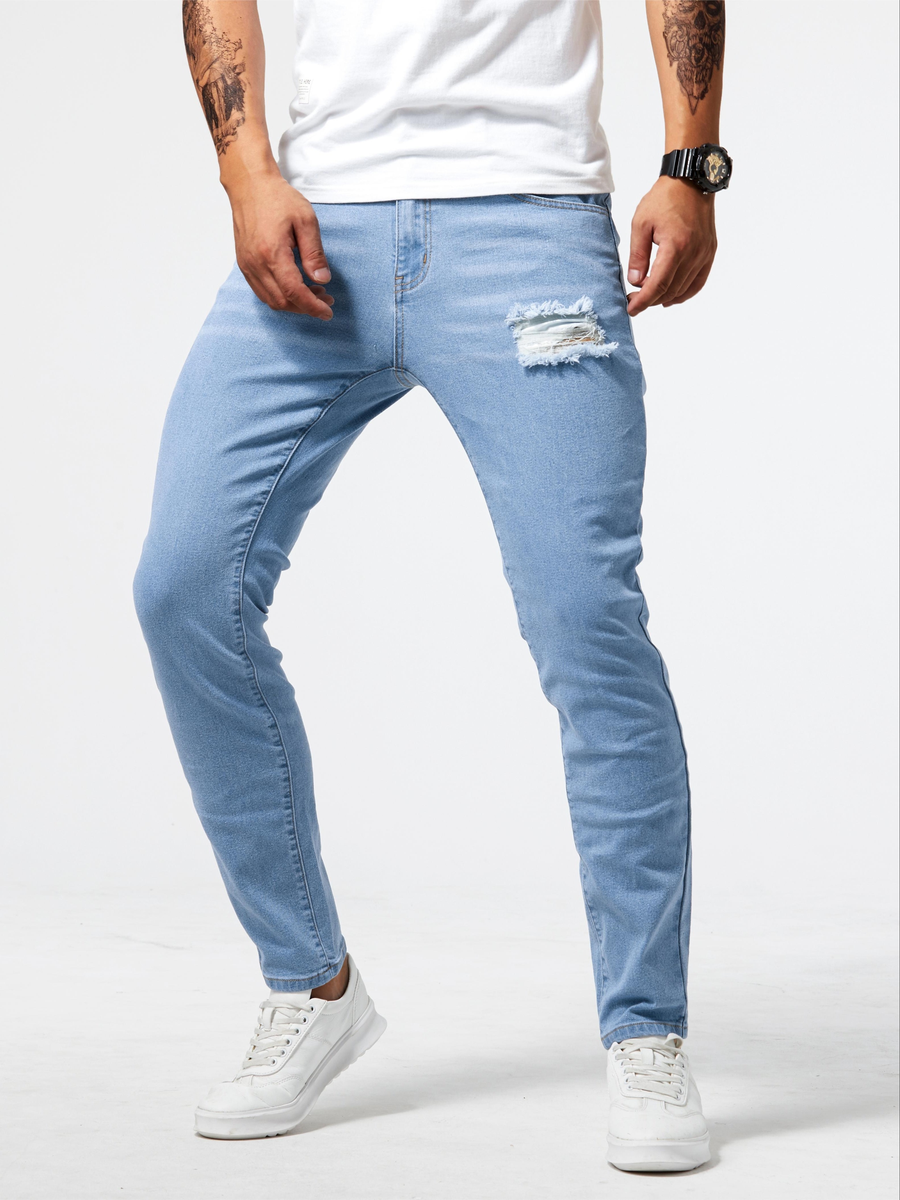 slim fit ripped jeans mens casual high stretch street style denim pants details 6