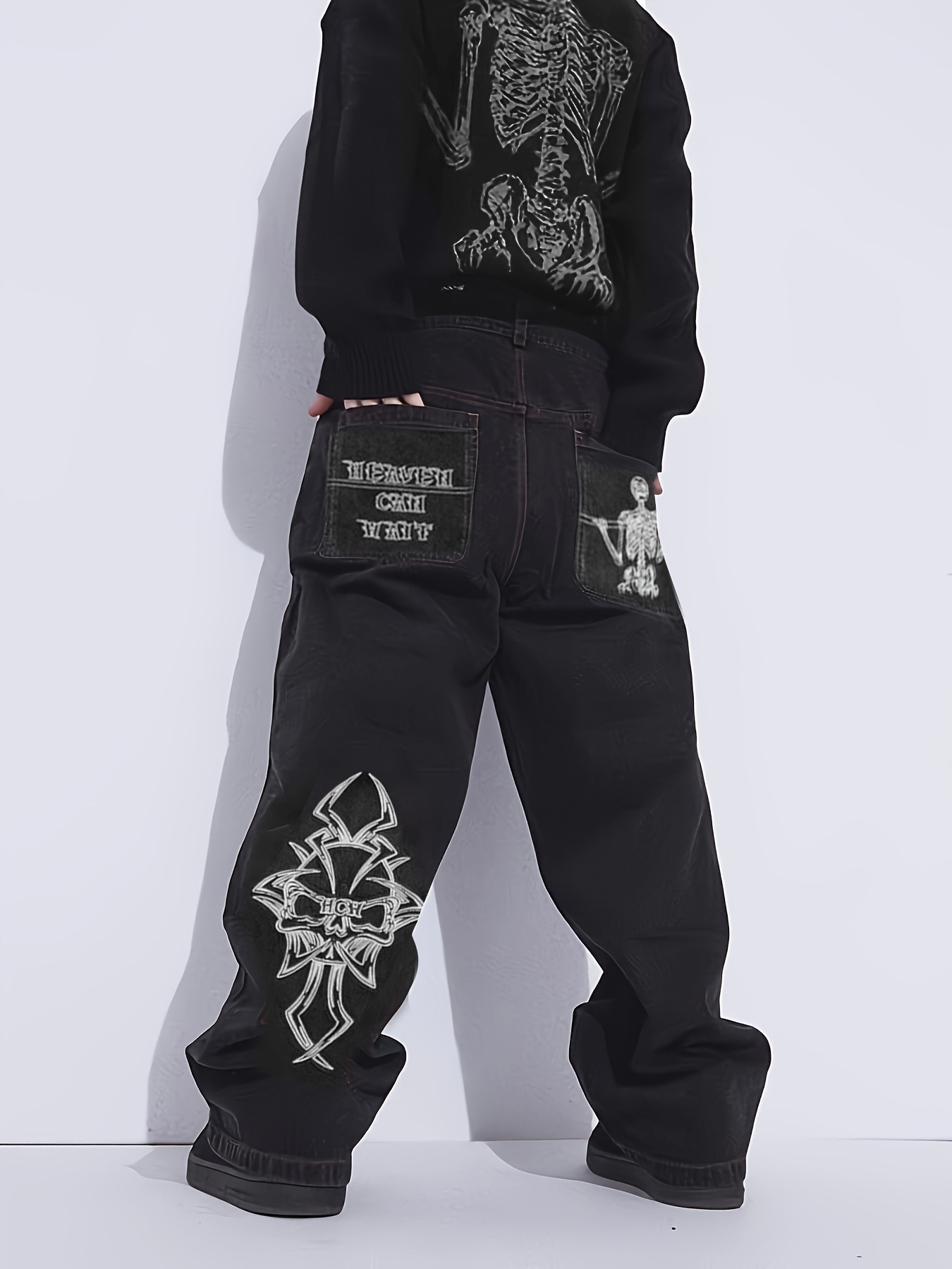 mens skeleton embroidery jeans casual street style loose fit jeans halloween gift details 0