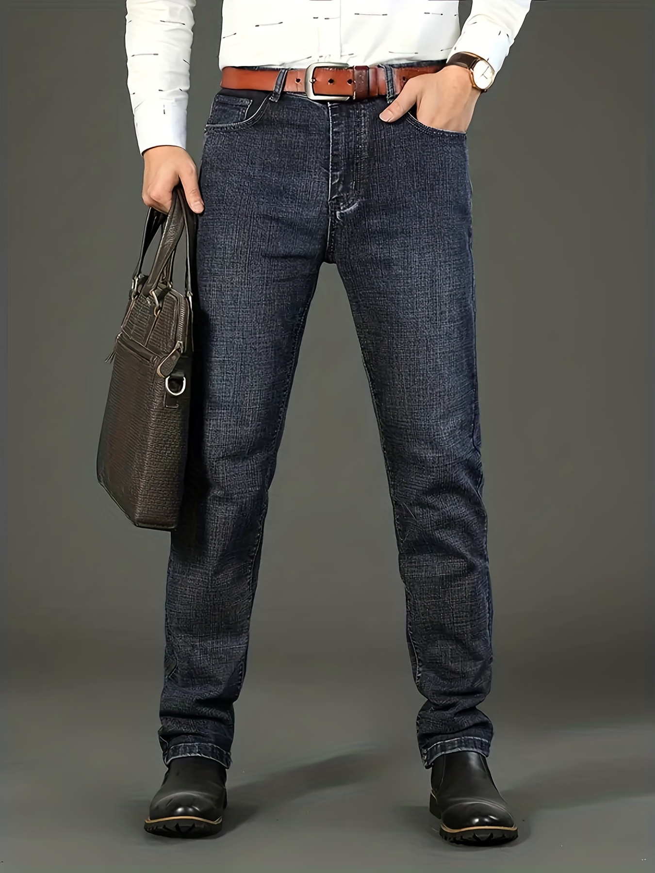 mens high quality straight leg jeans for business semi formal stretch denim pants details 6