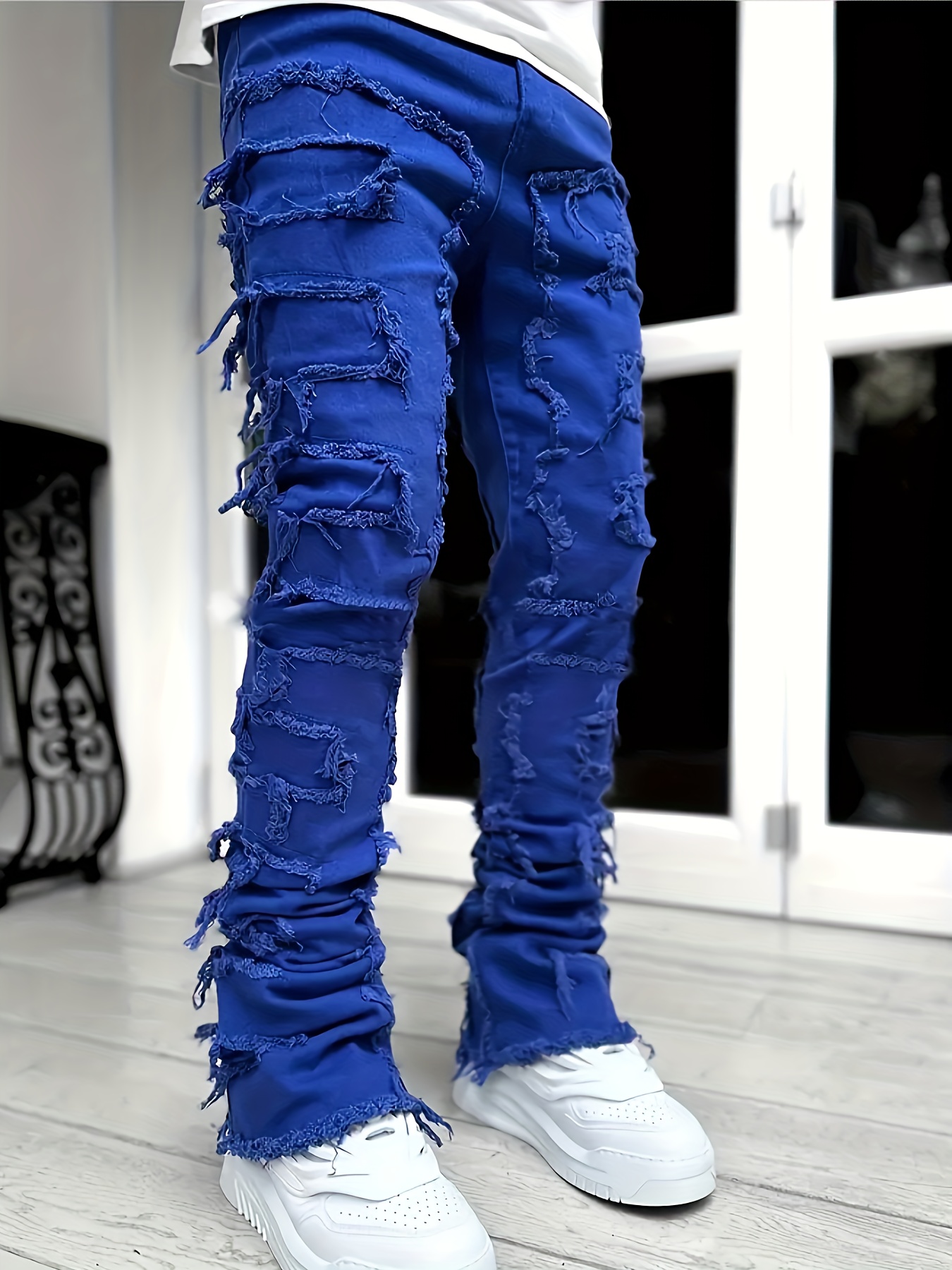 creative raw trim jeans mens casual street style medium stretch denim pants details 17