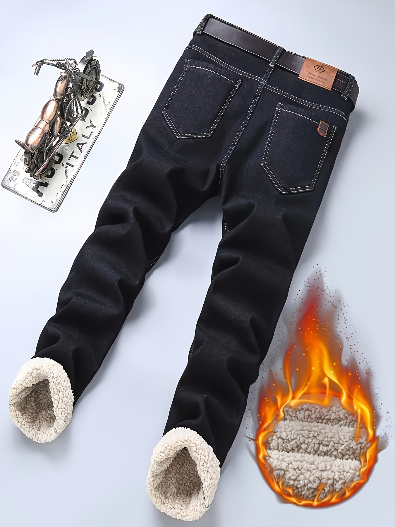 mens stylish comfy fleece solid denim trousers with pockets causal breathable slim fit jeans for city walk street hanging outdoor activities details 1