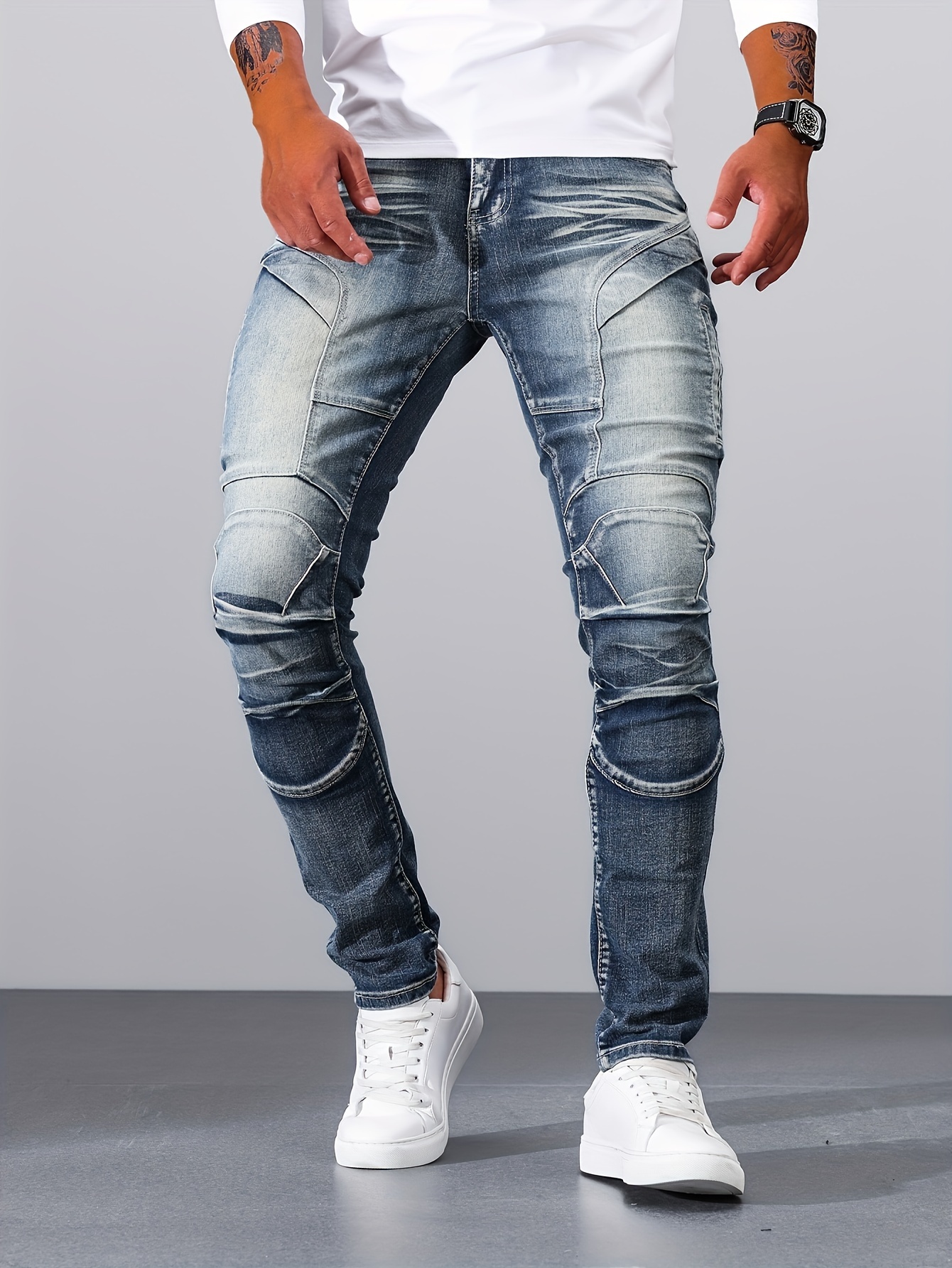 casual vintage style denim pants, mens casual vintage style denim pants street style skinny biker jeans details 6