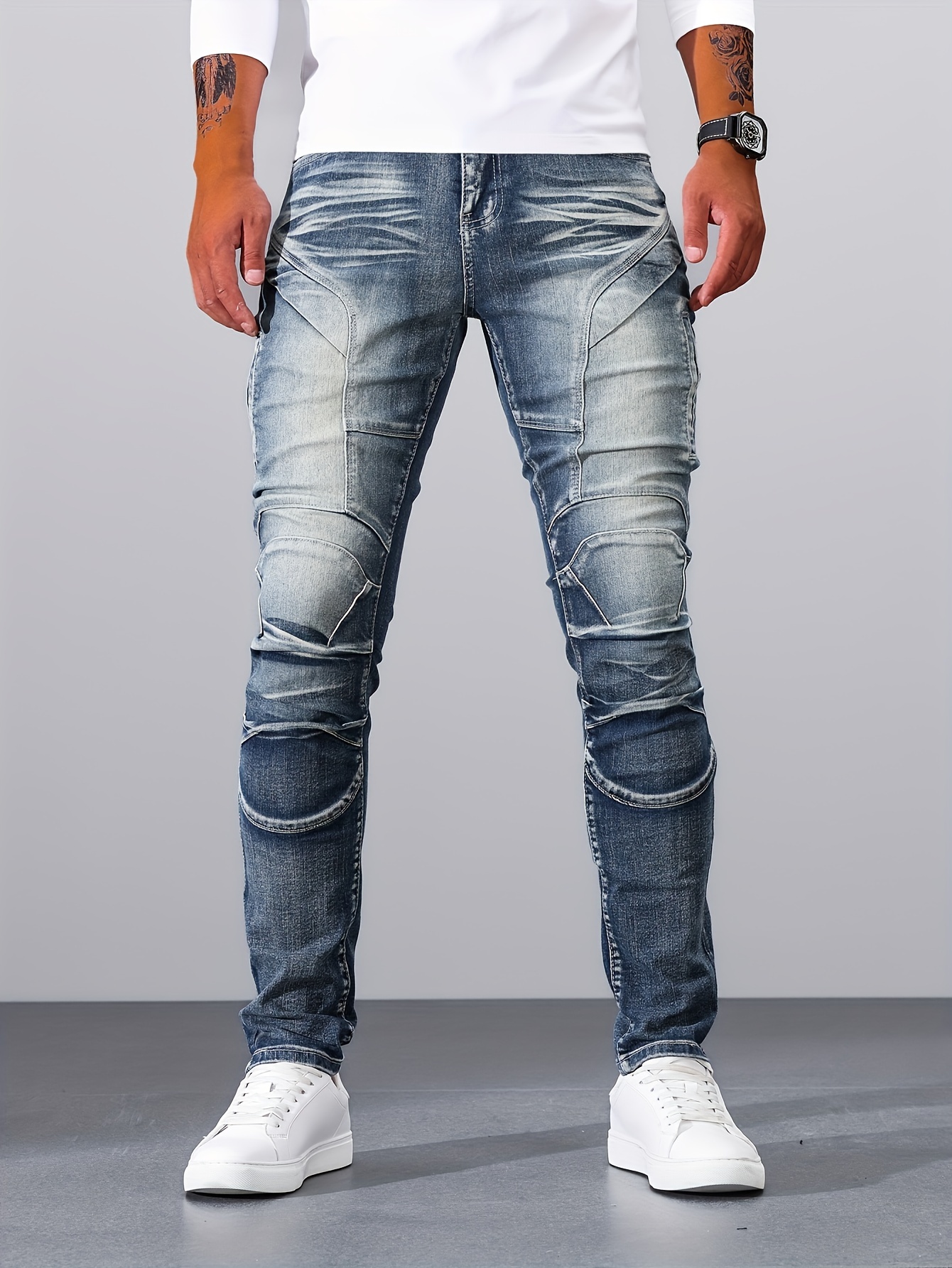 casual vintage style denim pants, mens casual vintage style denim pants street style skinny biker jeans details 7