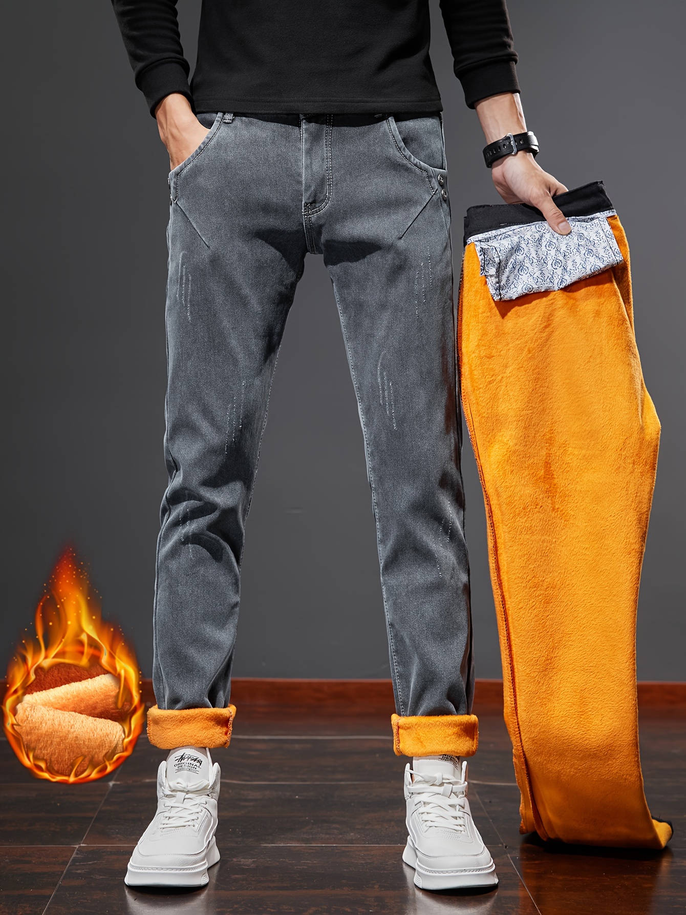 mens casual warm fleece jeans for fall winter business details 0