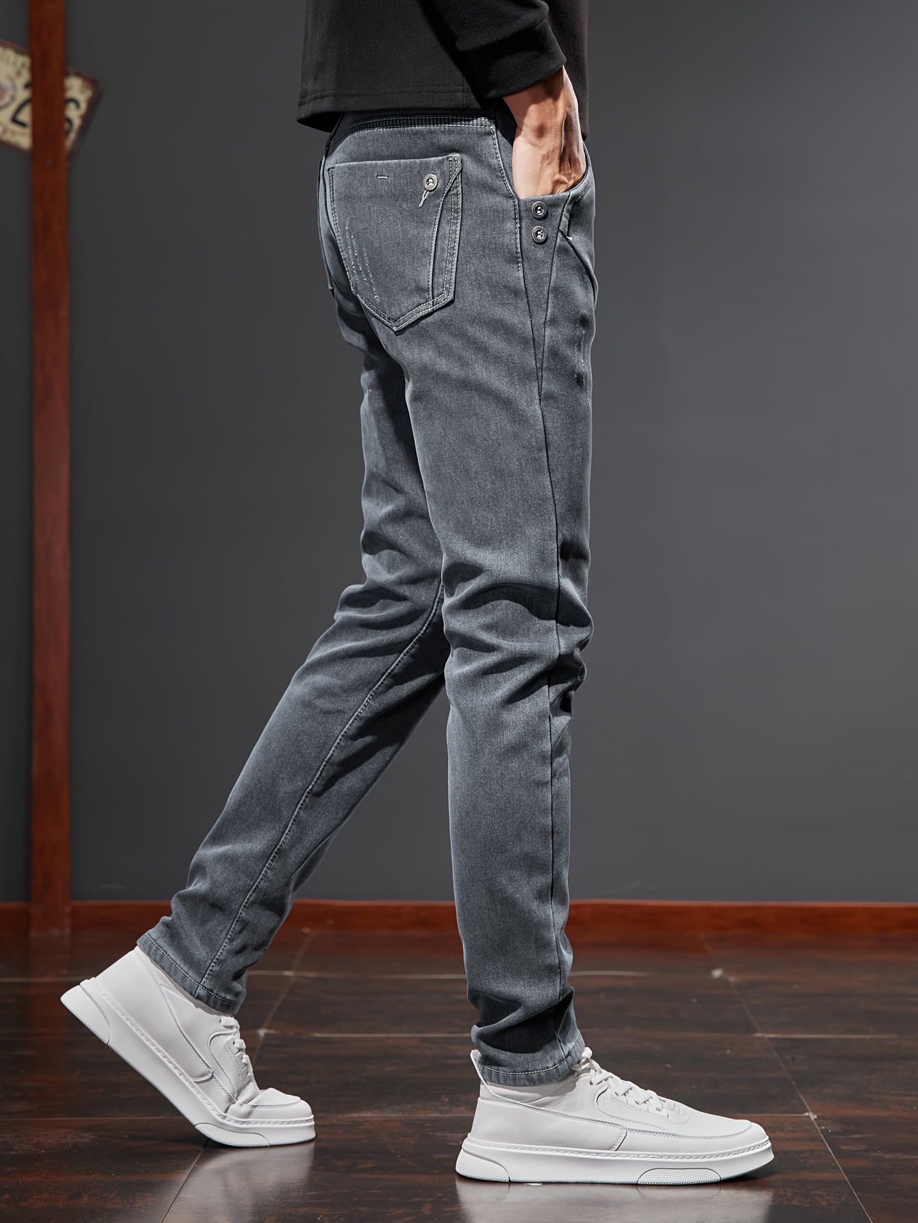 mens casual warm fleece jeans for fall winter business details 2