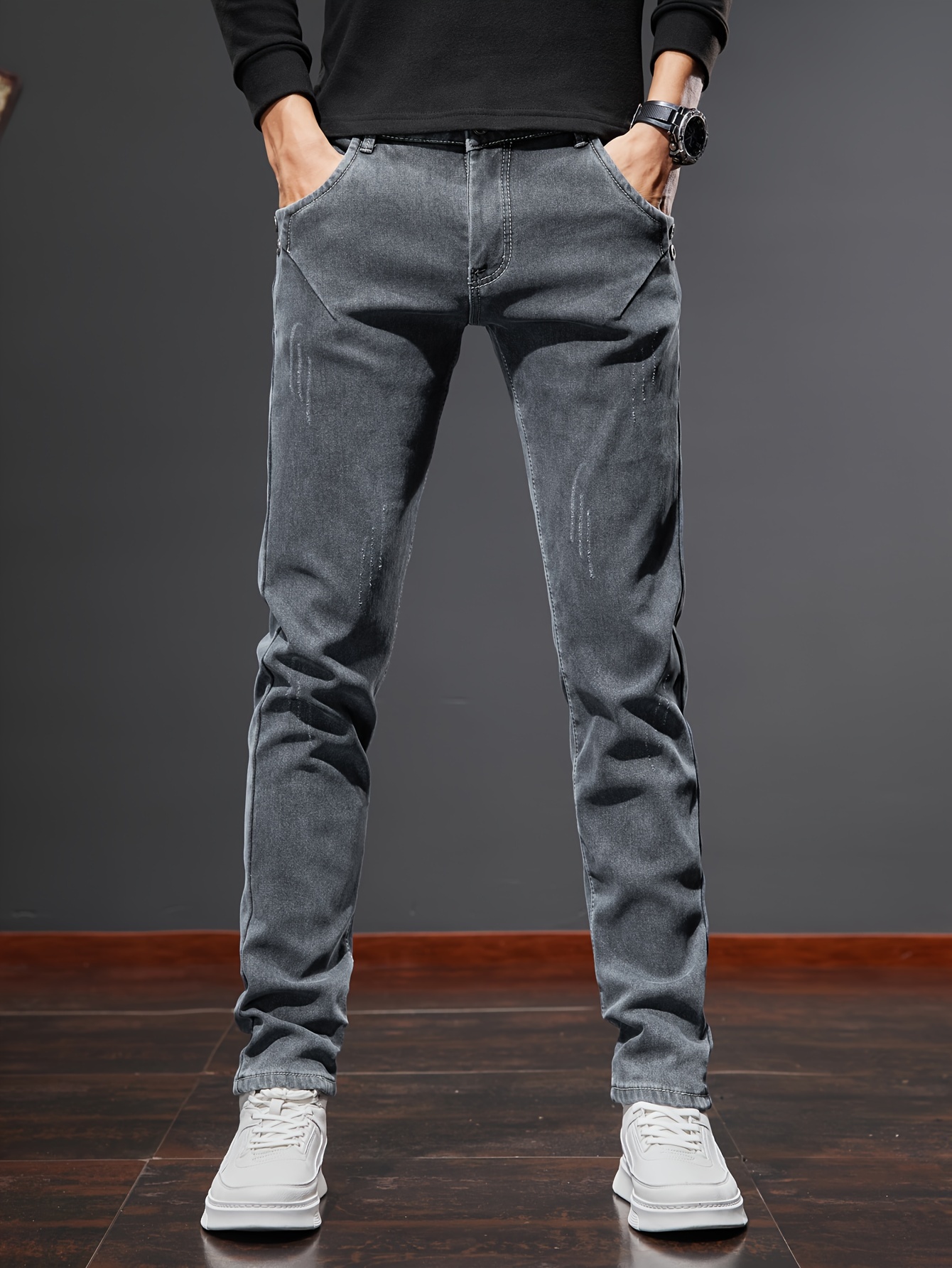 mens casual warm fleece jeans for fall winter business details 3