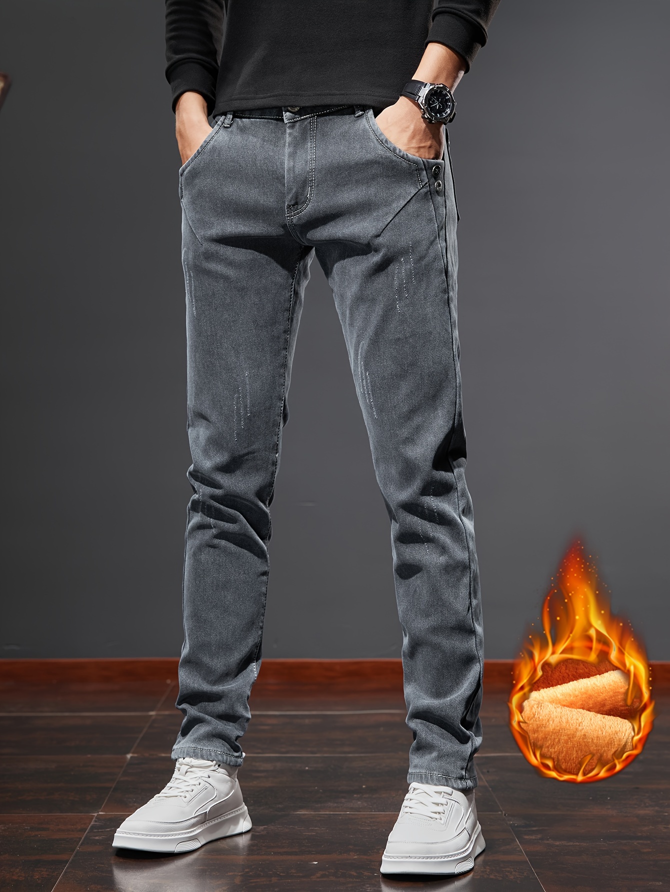 mens casual warm fleece jeans for fall winter business details 5