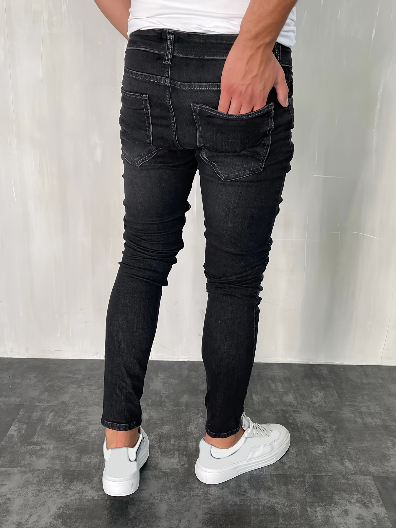 slim fit cotton jeans mens casual street style solid color classic design mid stretch denim pants for spring summer details 2