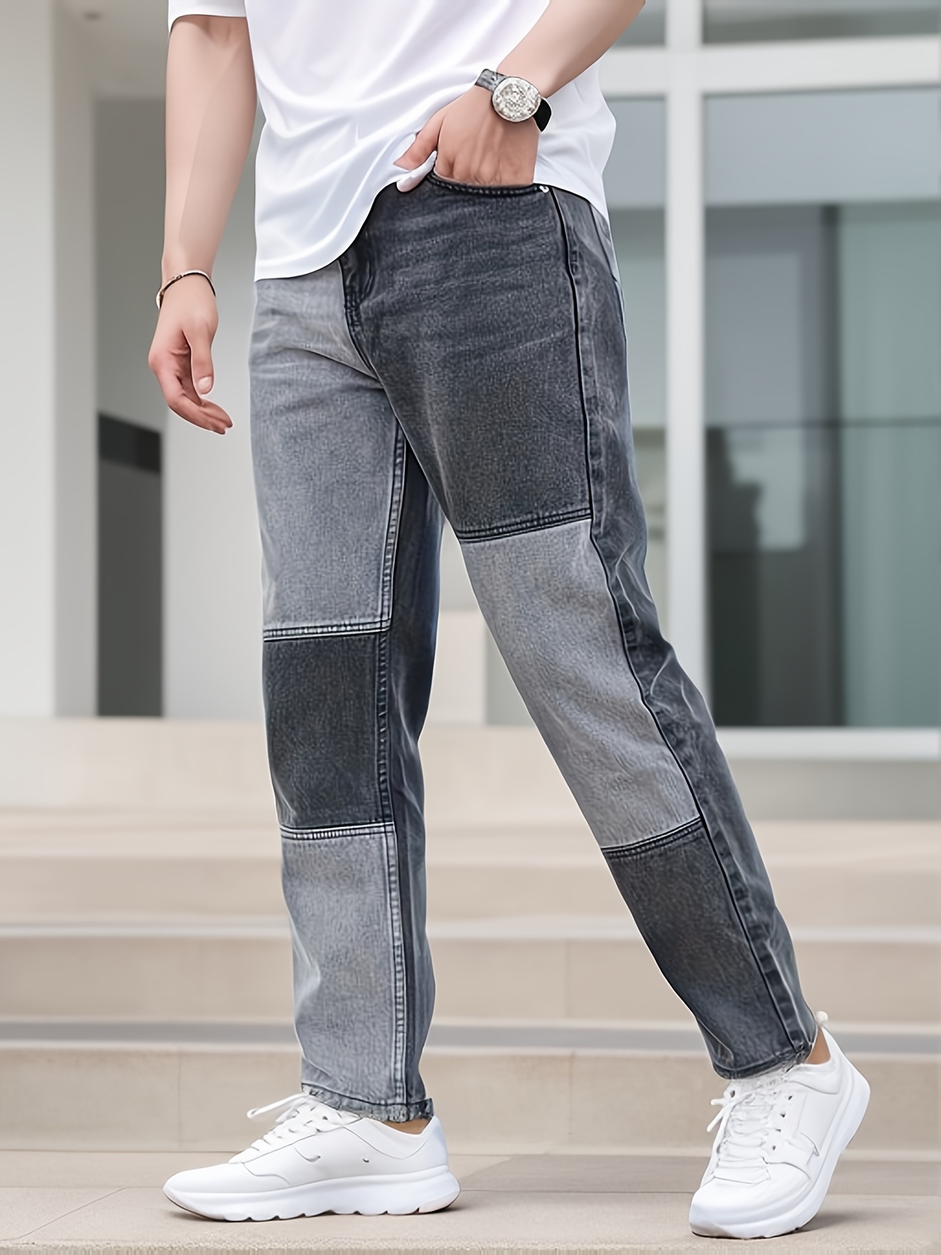 mens casual street style slim patchwork denim pants for spring summer details 0