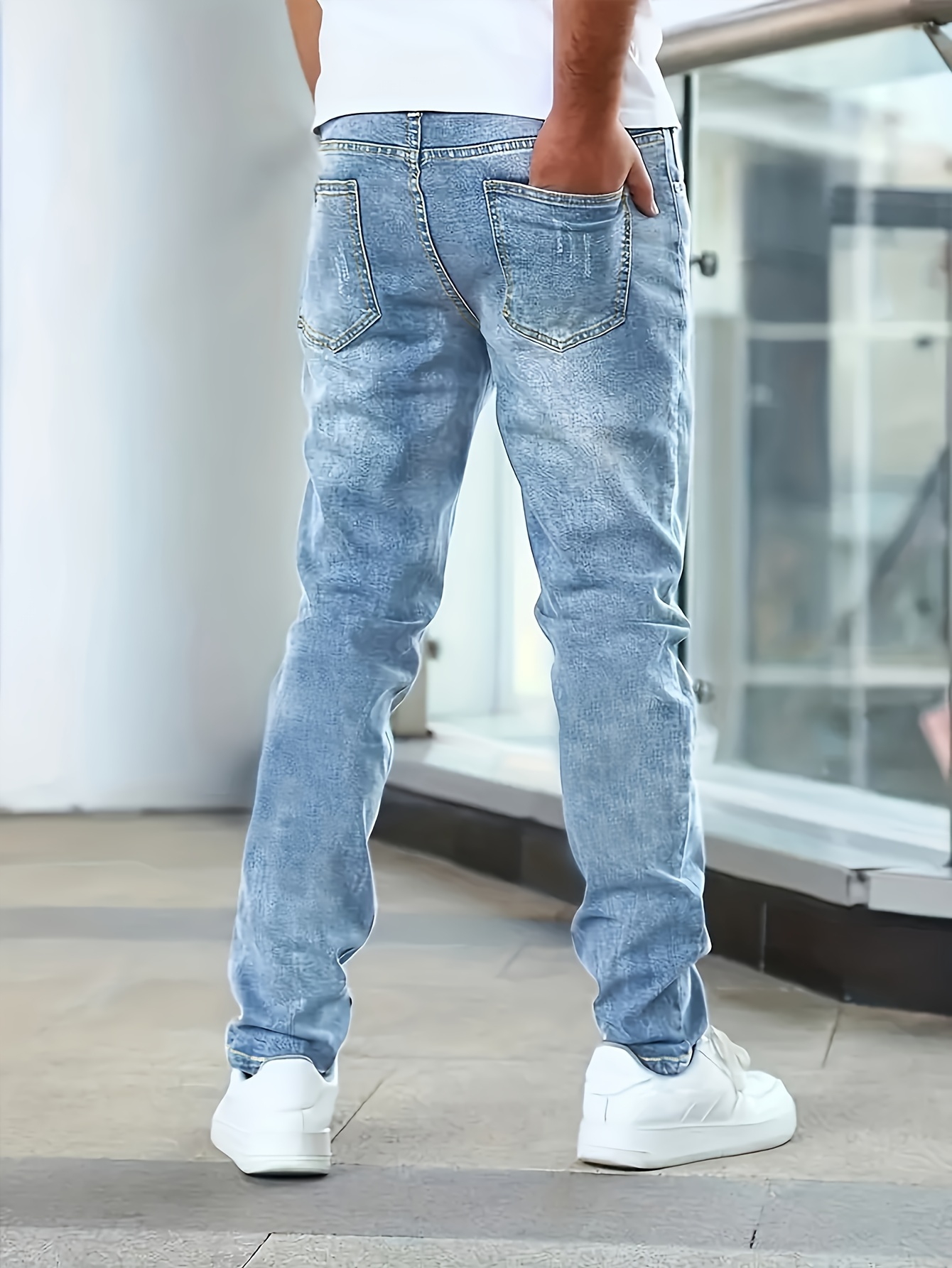 mens casual medium stretch jeans classic design denim pants details 6