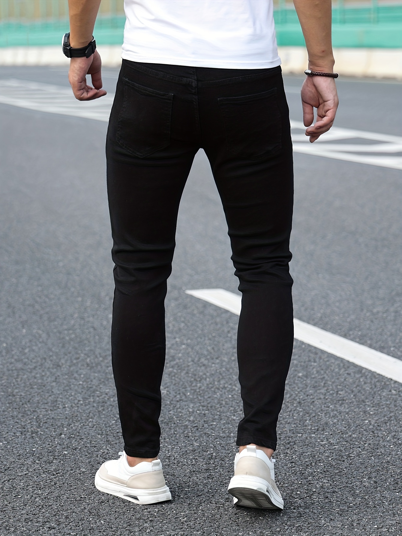 chic skinny jeans mens casual street style distressed stretch denim pants details 8