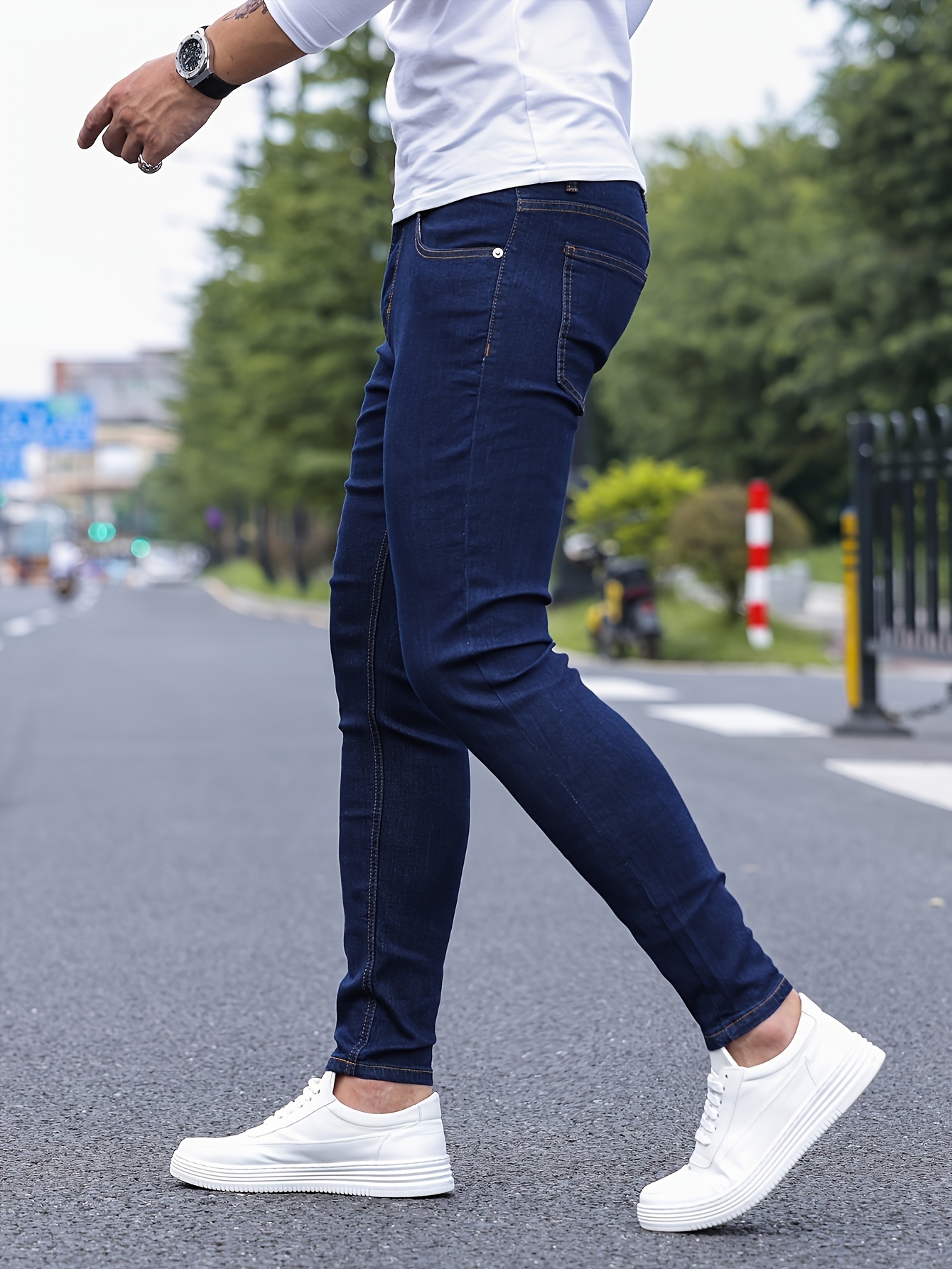 slim fit classic design jeans mens casual street style stretch denim pants details 15