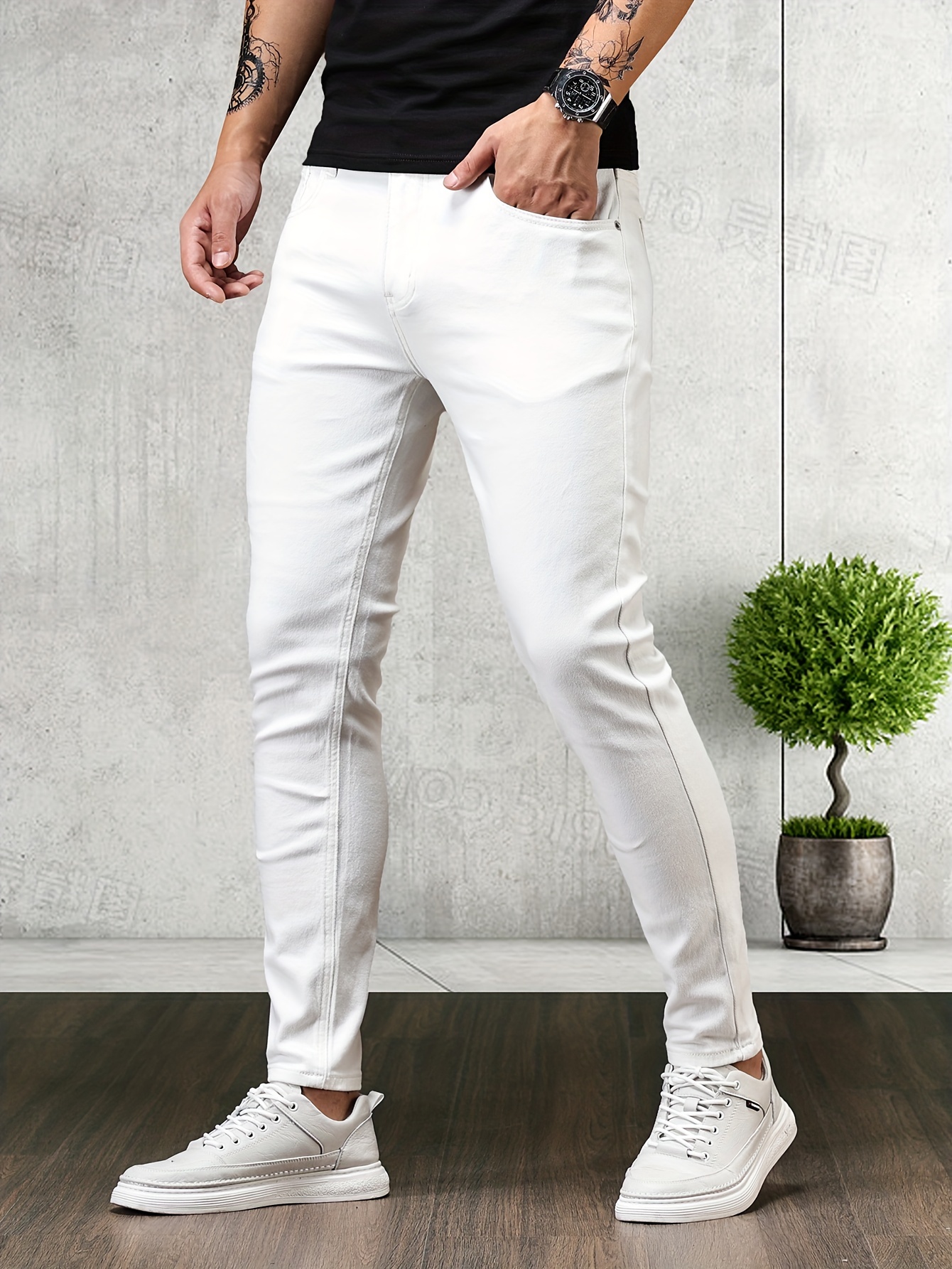 contrast stitching slim fit jeans mens casual street style mid stretch denim pants for spring summer details 6