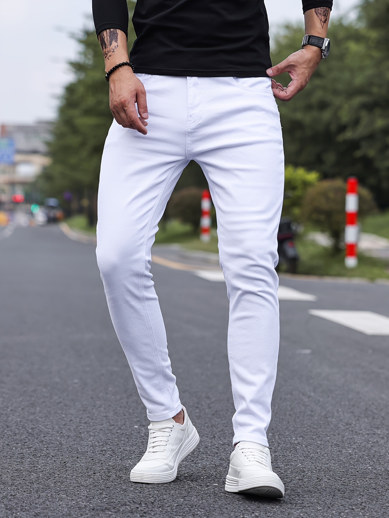 contrast stitching slim fit jeans mens casual street style mid stretch denim pants for spring summer details 17