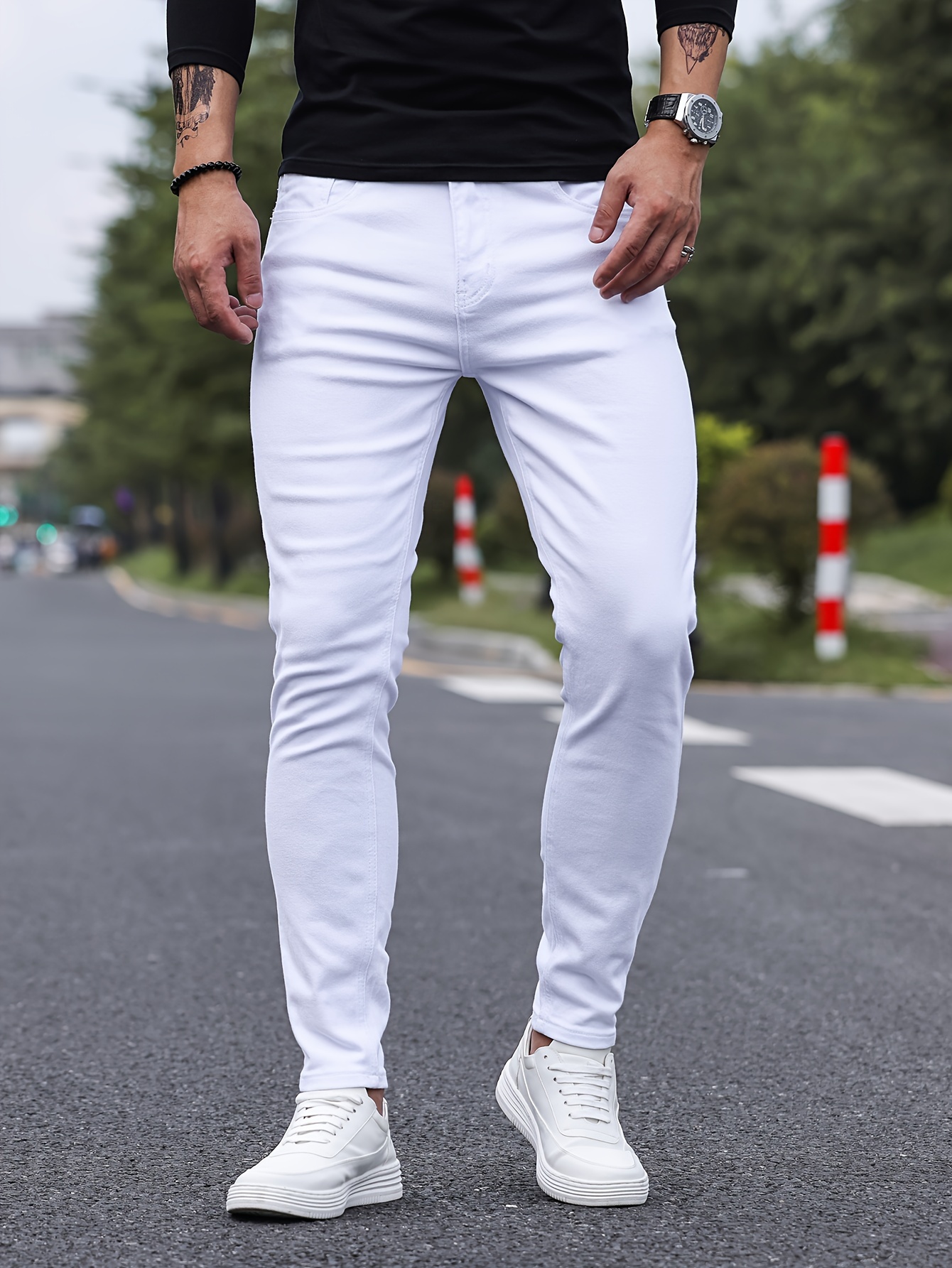 contrast stitching slim fit jeans mens casual street style mid stretch denim pants for spring summer details 22