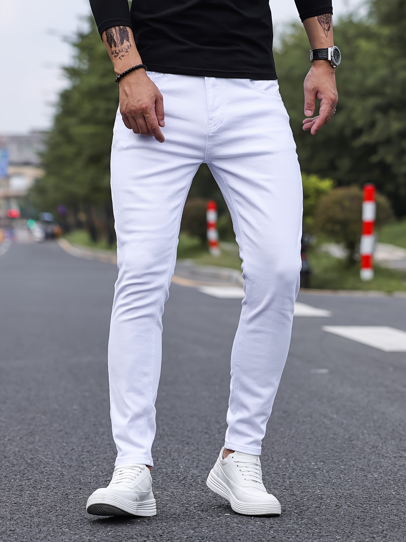 contrast stitching slim fit jeans mens casual street style mid stretch denim pants for spring summer details 24