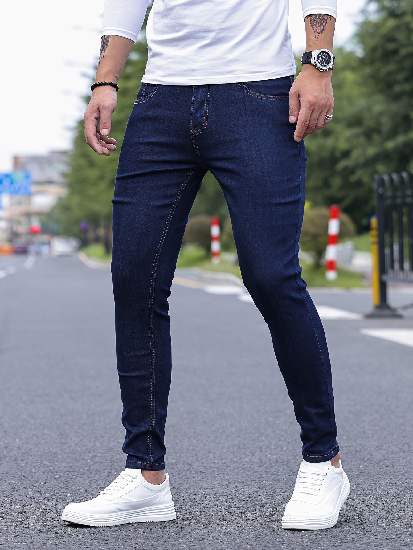 contrast stitching slim fit jeans mens casual street style mid stretch denim pants for spring summer details 33