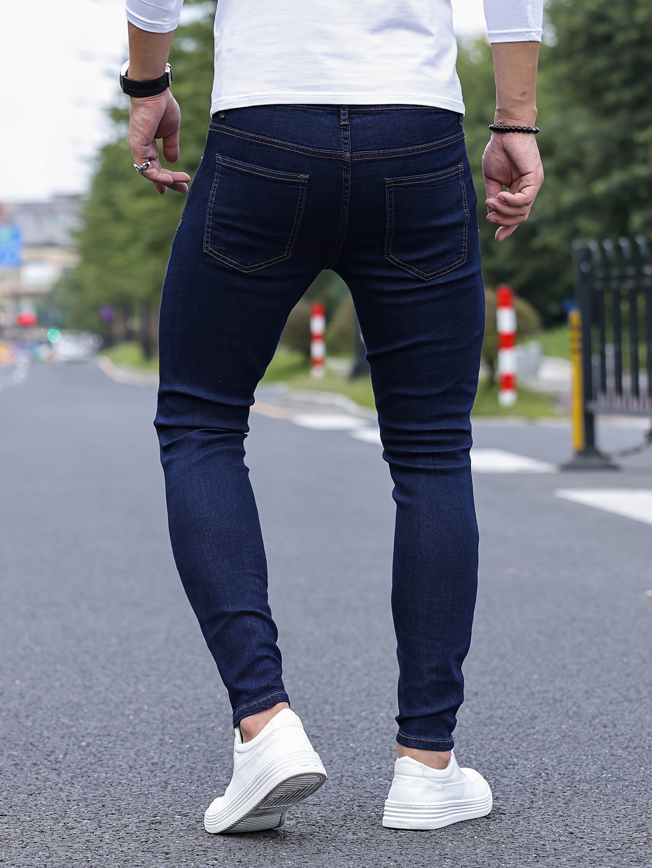 contrast stitching slim fit jeans mens casual street style mid stretch denim pants for spring summer details 34