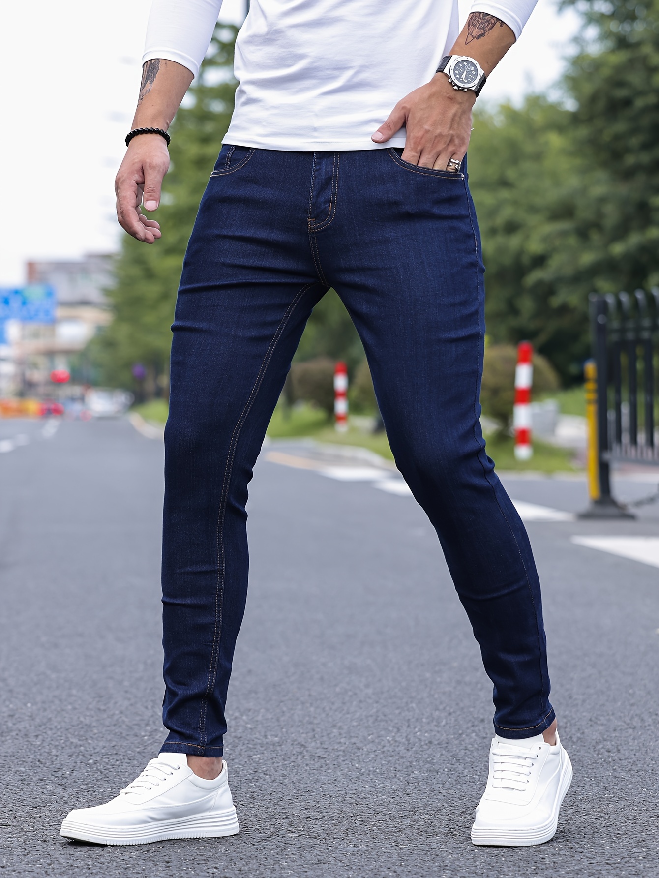 contrast stitching slim fit jeans mens casual street style mid stretch denim pants for spring summer details 37