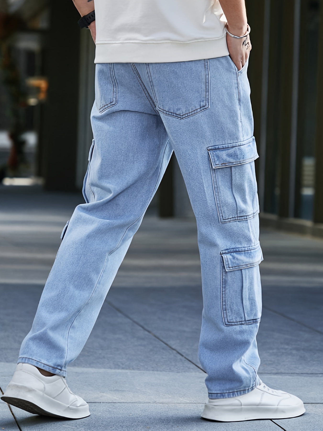 flap pocket loose fit jeans mens casual street style denim pants for all seasons details 0