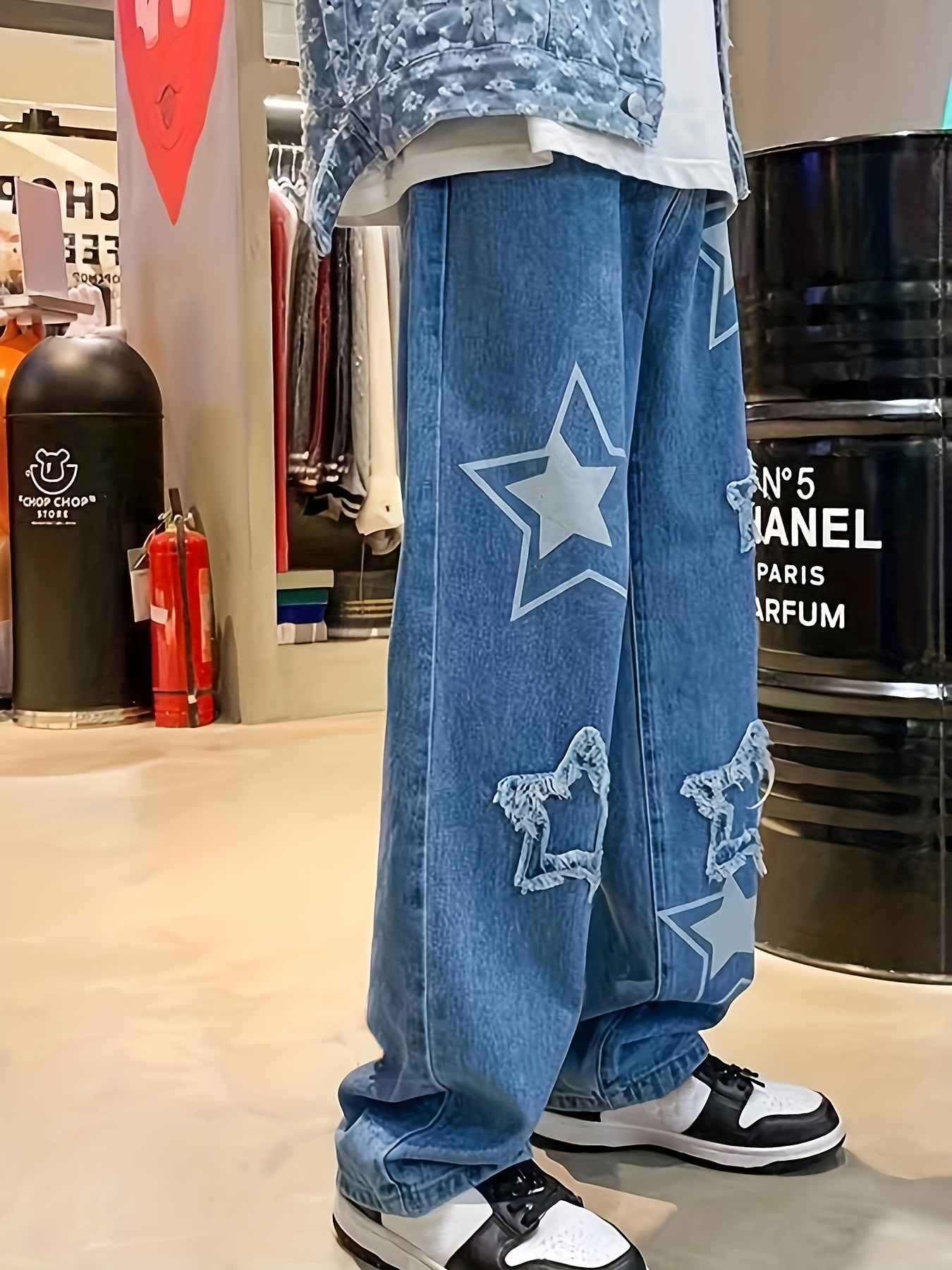 y2k distressed star pattern jeans mens halloween casual street style loose fit denim pants for the four seasons details 2