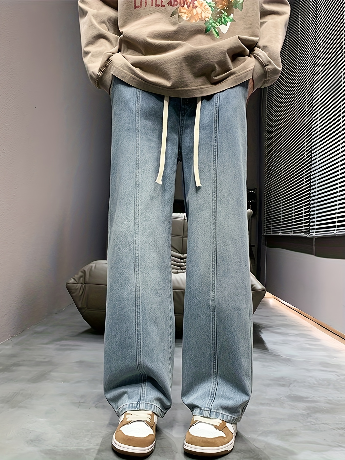 wide leg cotton blend drawstring jeans mens casual street style loose fit denim pants for spring summer details 7