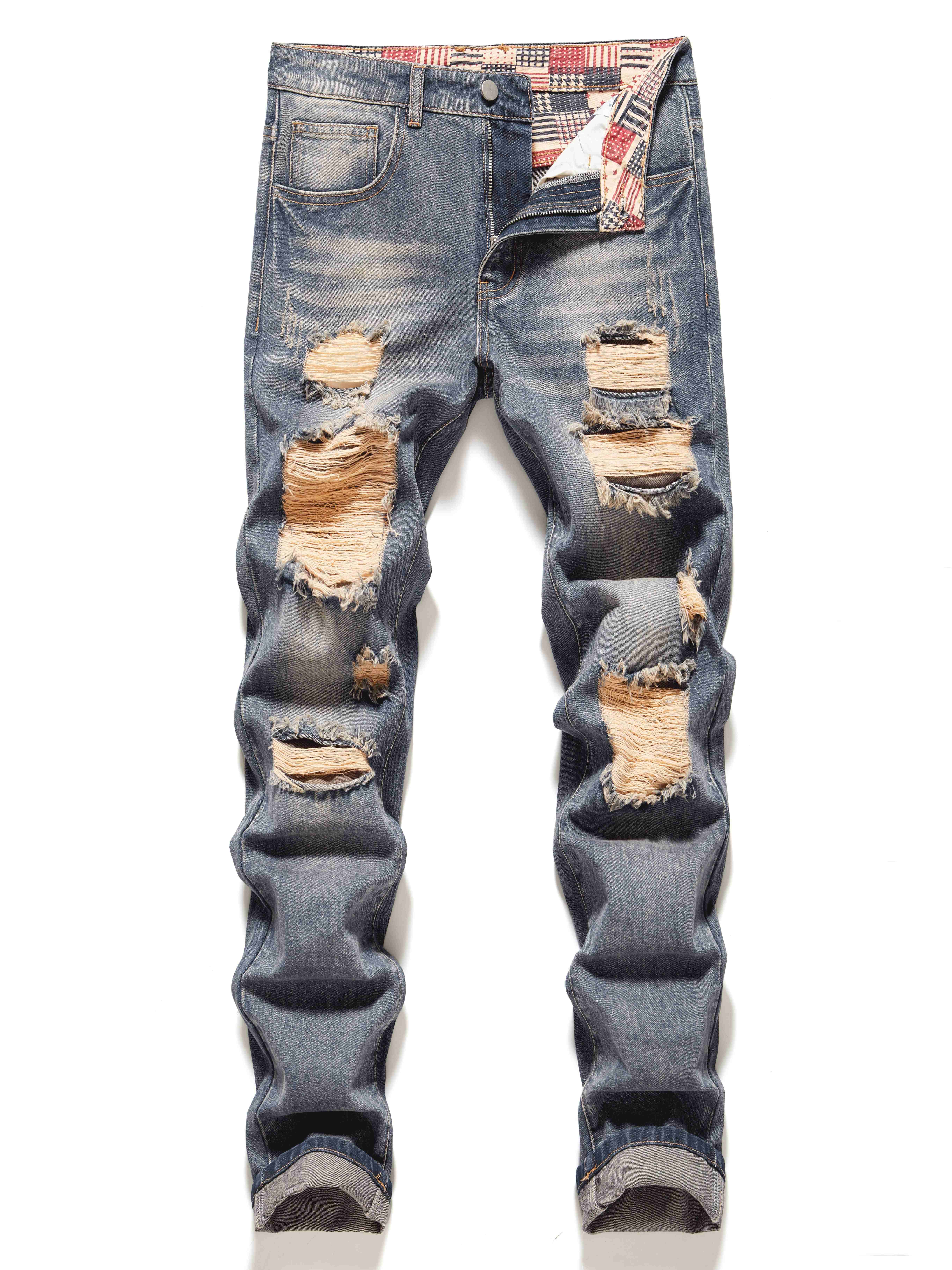 regular fit ripped jeans mens casual street style distressed denim pants for all seasons details 5