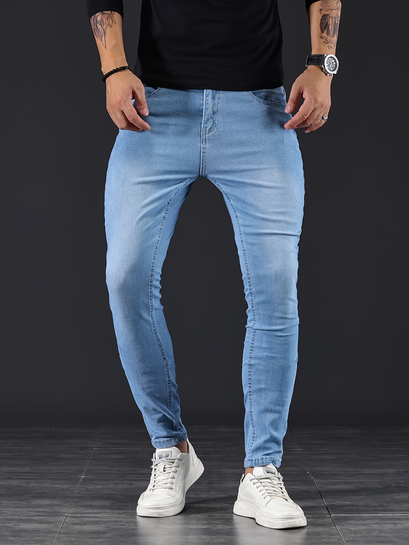 mens slim fit jeans street style distressed medium stretch denim pants details 0