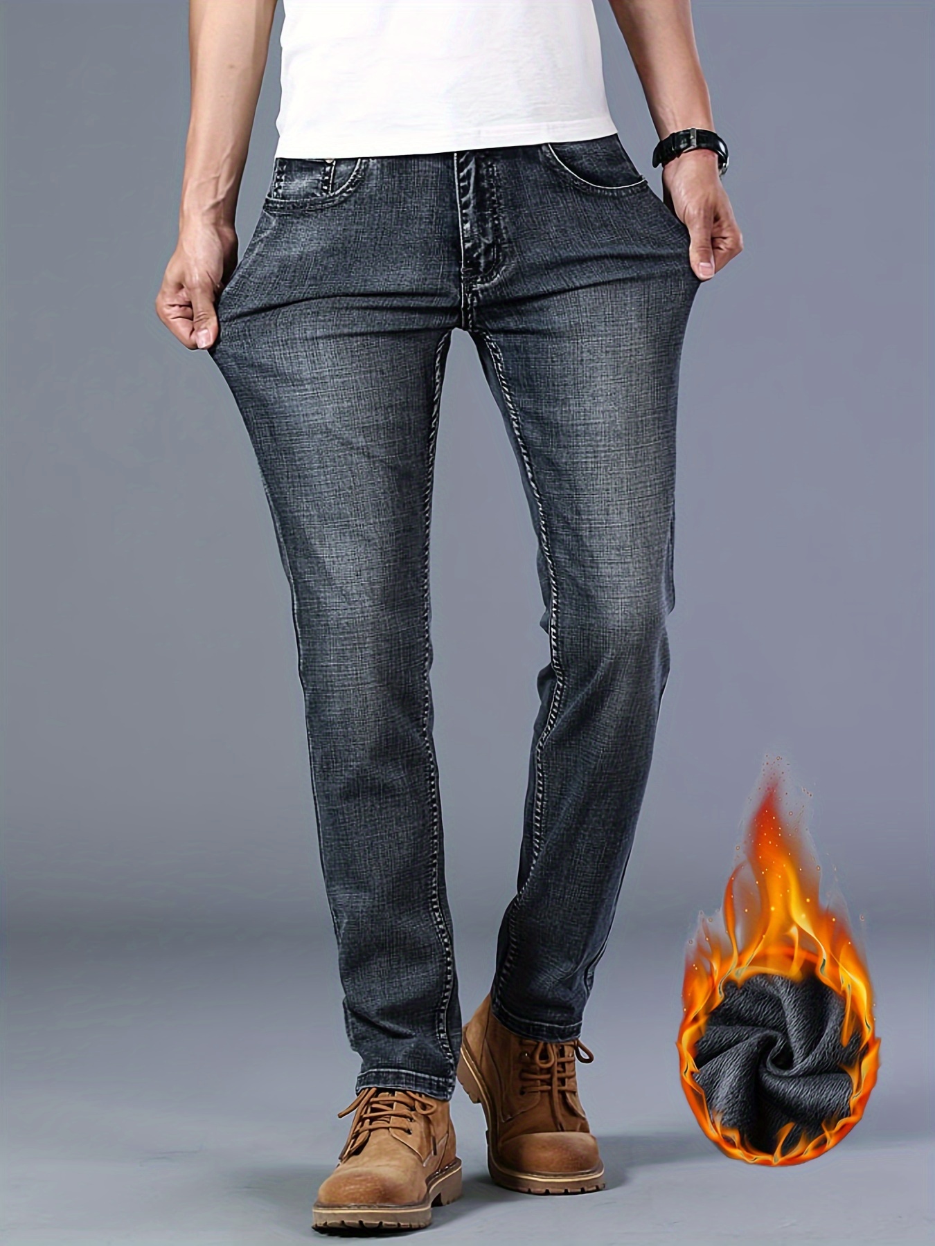 warm fleece straight leg jeans for business mens semi formal denim pants for fall winter details 5