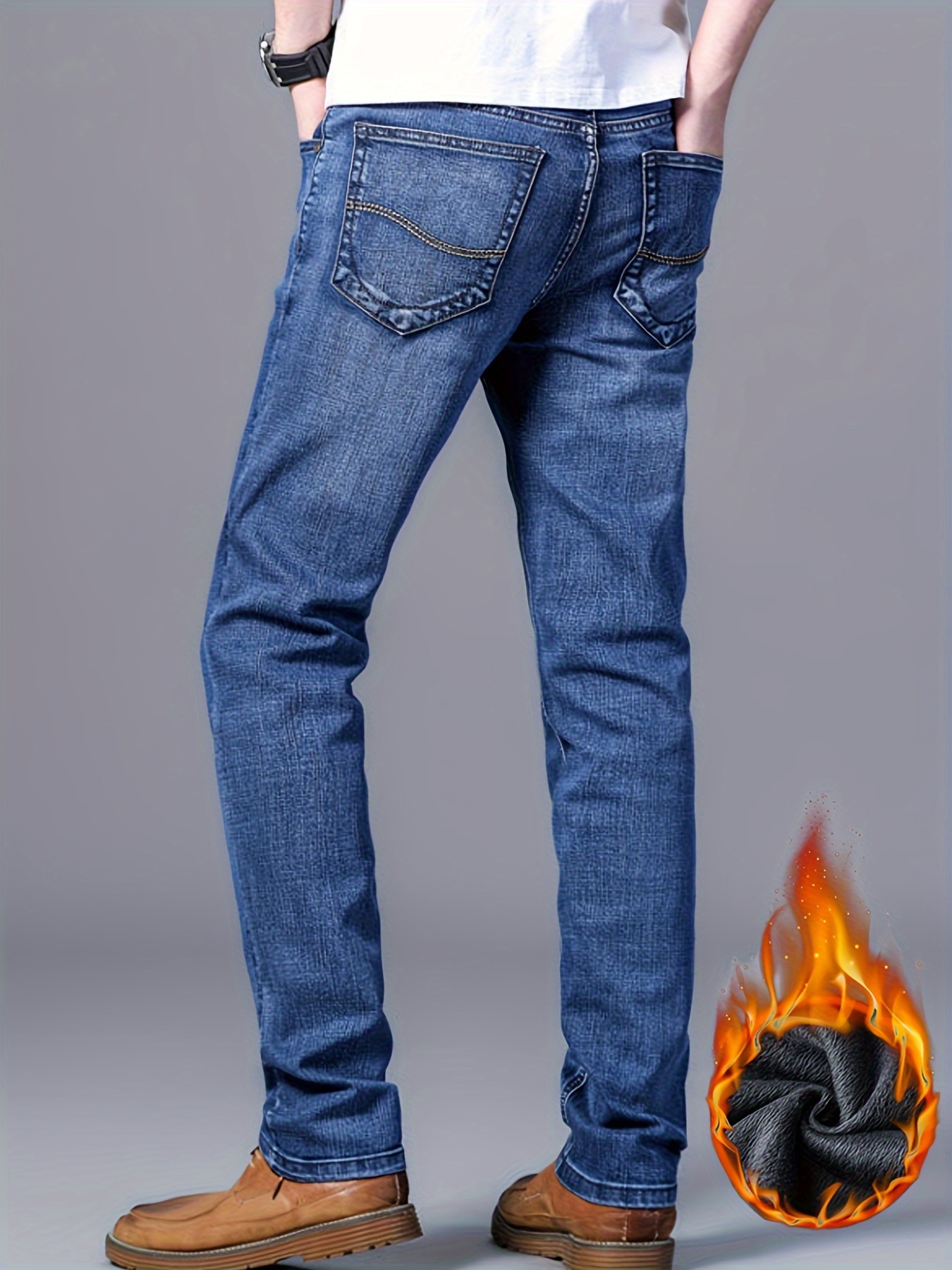 warm fleece straight leg jeans for business mens semi formal denim pants for fall winter details 9