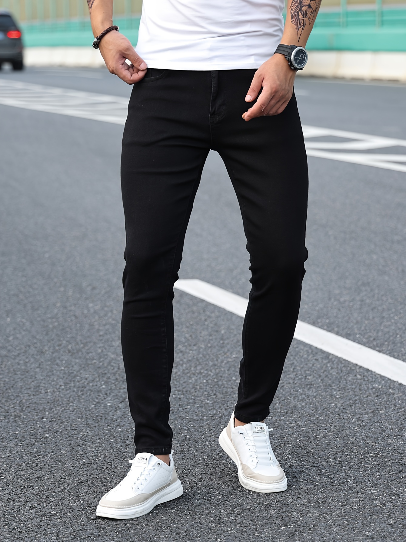 mens classic design skinny jeans mens casual street style stretch jeans details 1